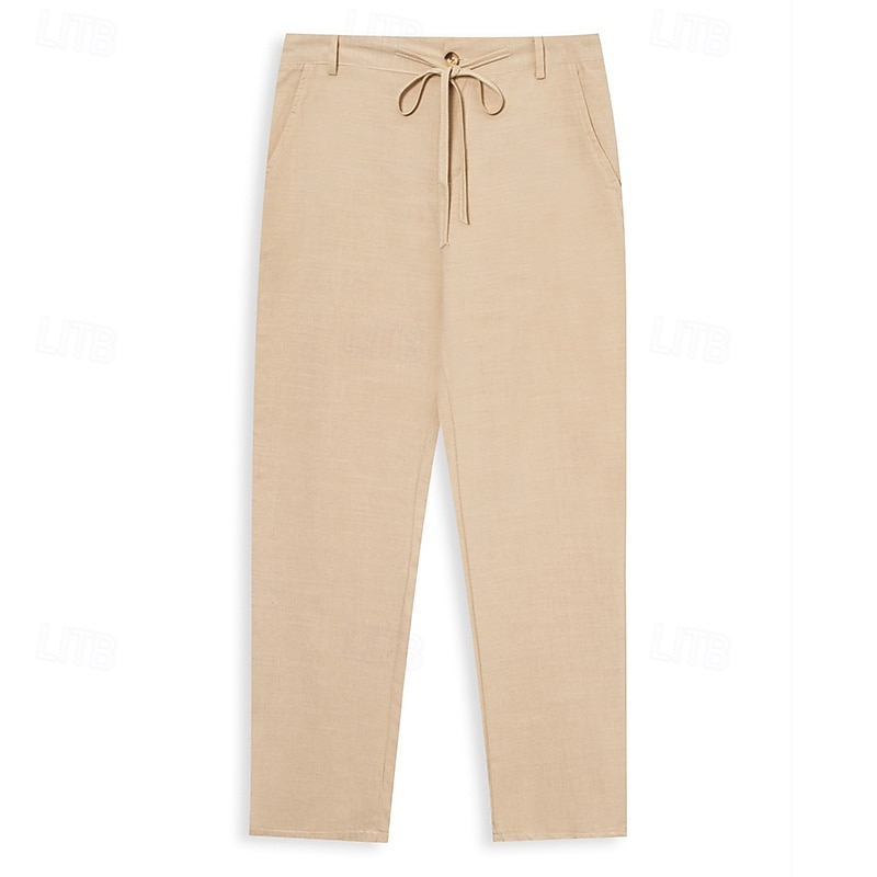 Men's Linen Pants Trousers Summer Pants Beach Pants Drawstring Front Pocket Straight Leg Plain Comfort Breathable Full Length Casual Daily Holiday Fashion Retro Vintage Black White2