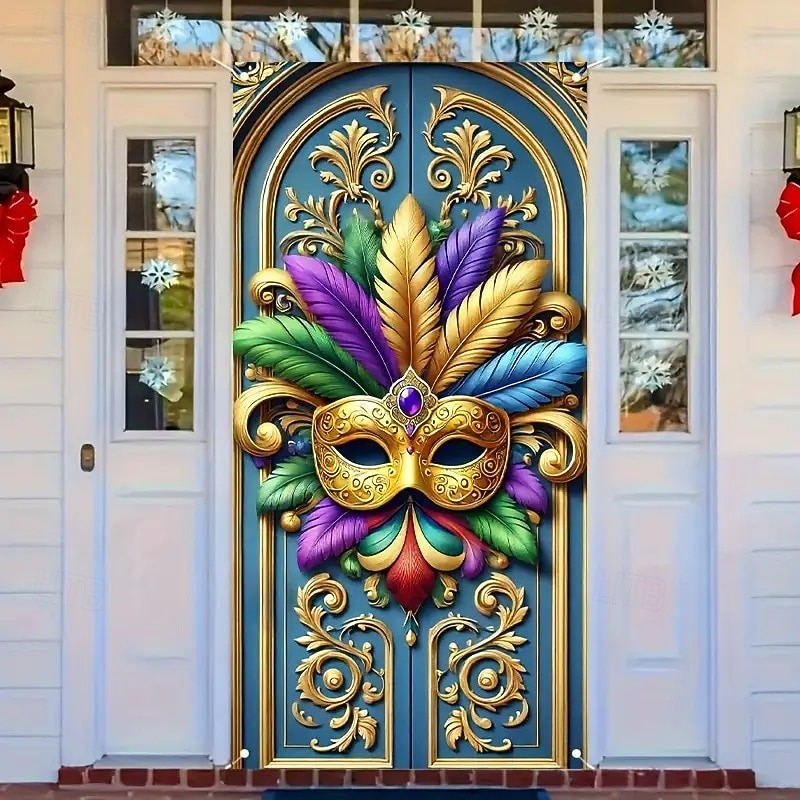 Carnival Mardi Gras Door Decorations Door Covers Mask Door Tapestry Door Curtain Decoration Backdrop Indoor/Outdoor Door Banner for Front Door Farmhouse