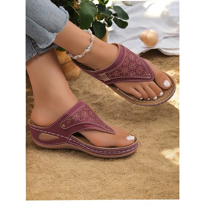 Women's Red Rhinestone Wedge Heel Flip-Flop Sandals, Open Toe, Comfortable Summer Footwear for Casual Outings & Vacations4