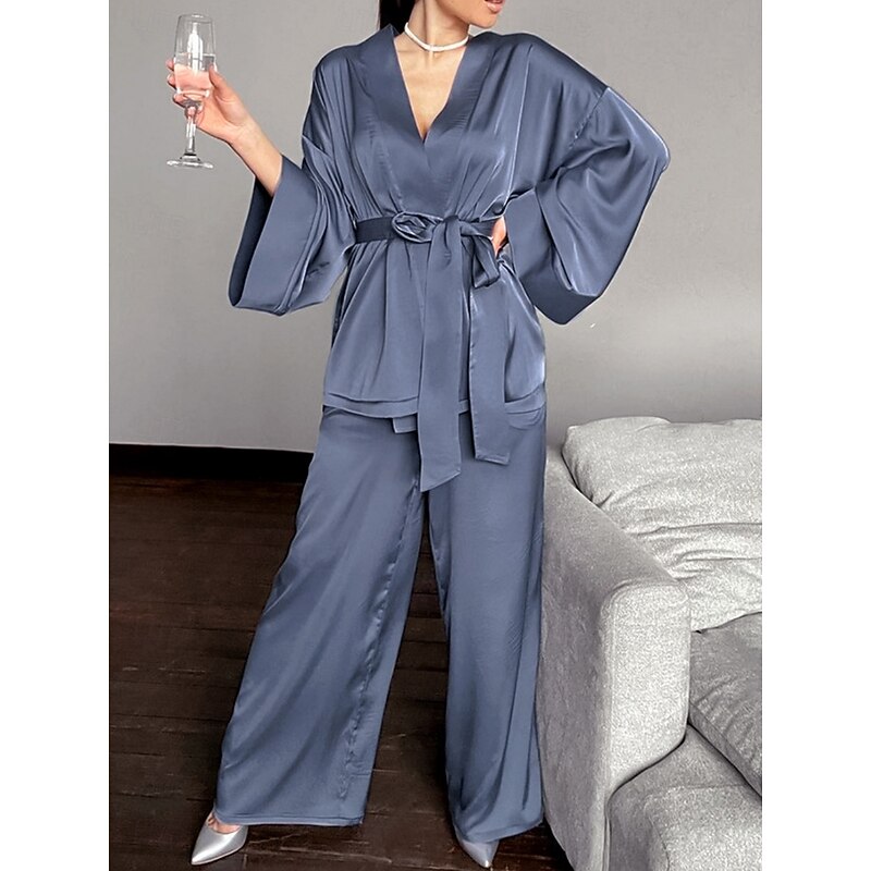 Women's Pajama Set Casual Comfort Pure Color Elastic Waist Robe Top Pant Home Daily Half Sleeve V Neck Black Blue Green Summer Spring Fall Regular Fit3