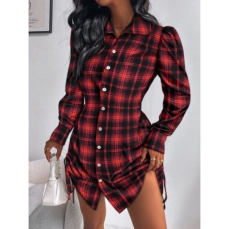 Women's Plaid Shirt Collar Mini Dress Long Sleeve Summer Spring2