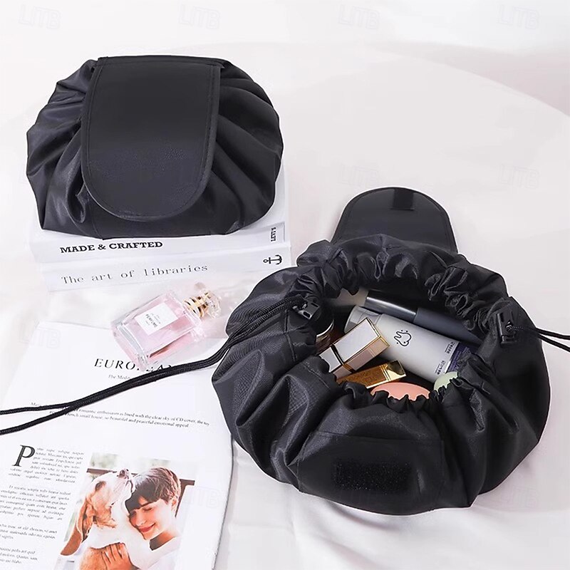 Magic Cosmetics Pouch Black Drawstring Cosmetic Bag for Women, Portable Waterproof Makeup Bag Organizer with Pearl Handle Chain, Travel Toiletry Beauty Case2