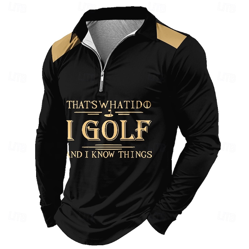 Men's Letter Zip Polo Shirts Golf Shirt Long Sleeve Polo Shirts Collared Shirts Casual Outdoor Street Dailywear 3D Print Quarter Zip Polo Spring Fall & Winter Black Brown Dark Blue4