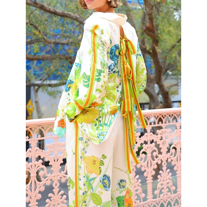 Women's Fashion Streetwear Daily Shirt Blouse Wide Leg Pants Long Sleeve Shirt Collar Plain Print Casual Daily Green Spring &  Fall Regular Fit4