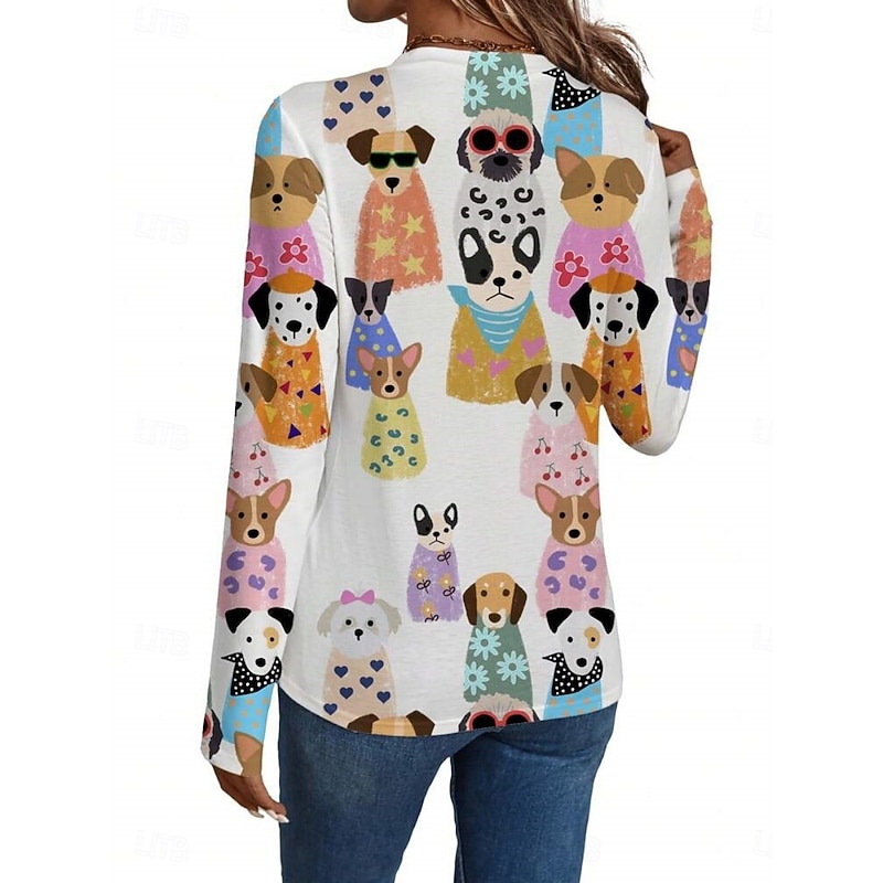 Women's T shirt Crew Neck Long Sleeve Tunic Cat Dog Casual  Regular Tops Daily Print White Spring Fall2
