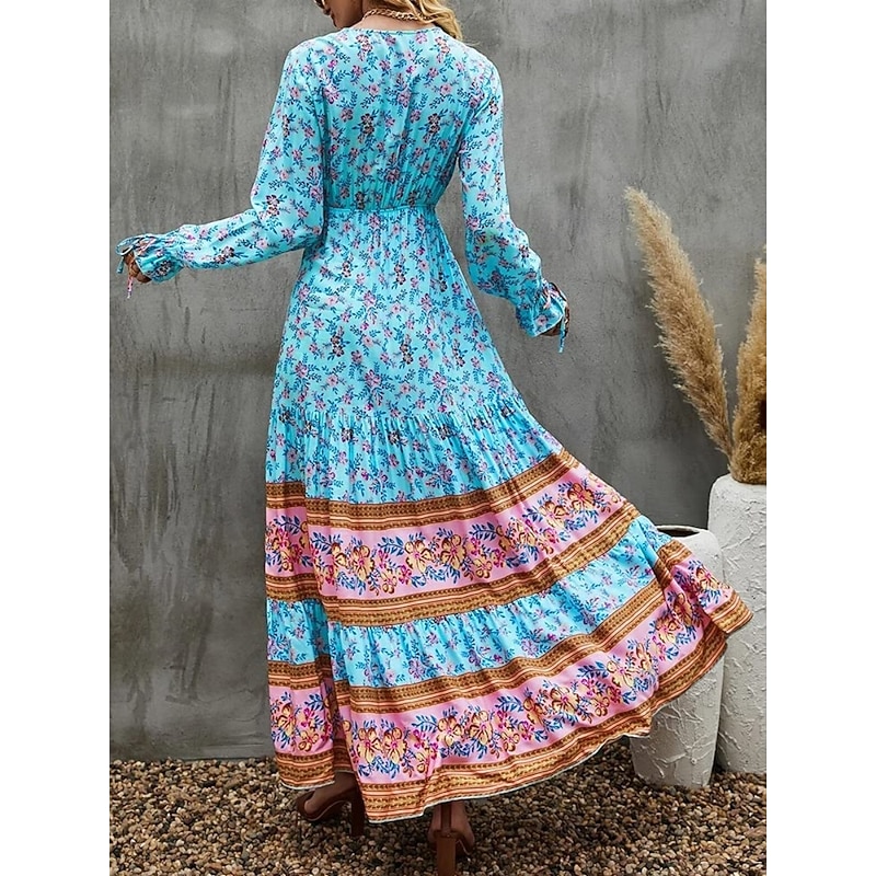Women's Maxi Dress Casual Dress Swing Dress Long Sleeve Boho Dress A Line Dress Bohemia Casual Vacation Daily Regular Fit Floral Long Sleeve V Neck Yellow Pink Blue Spring Fall2