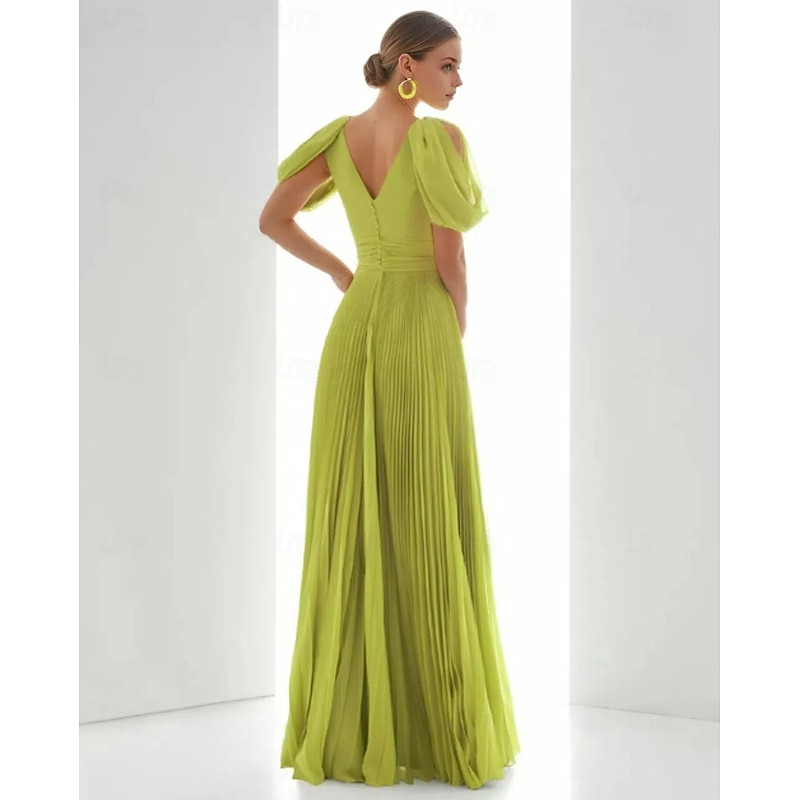 A-Line Evening Gown Elegant Dress Beach Wedding Formal Floor Length Short Sleeve V Neck Chiffon with Feather Ruched2