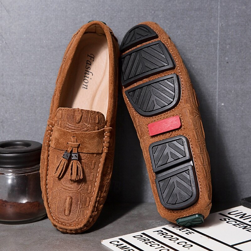 Men's Brown Faux Suede Loafers with Tassel Detail and Embossed Pattern | Comfortable and Stylish for Everyday Wear2