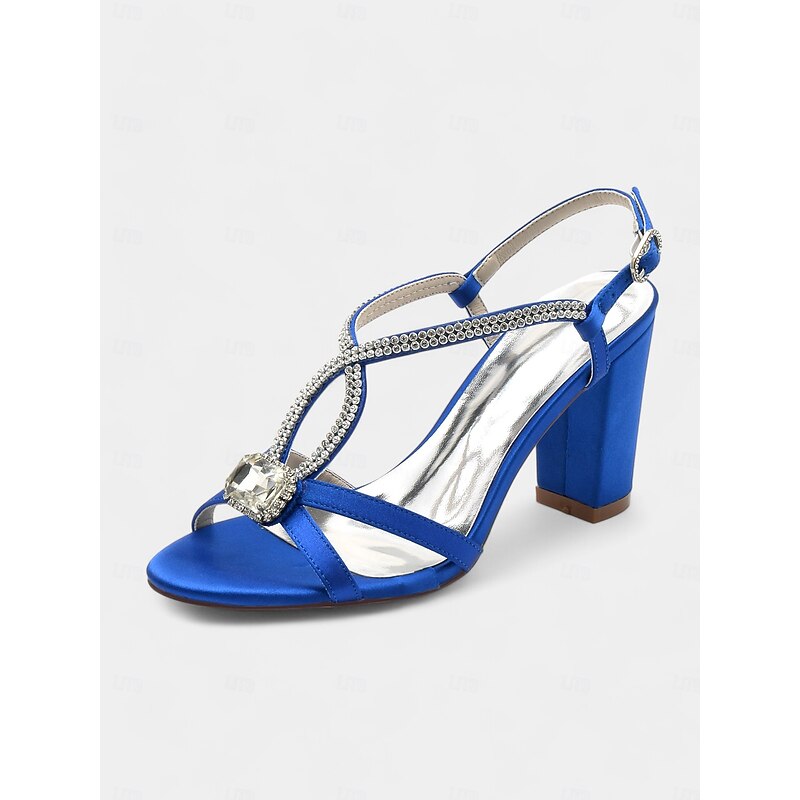 Women's Royal Blue Satin Rhinestone Sandals – Elegant Block Heels for Cocktail Parties, Weddings, and Evening Celebrations2