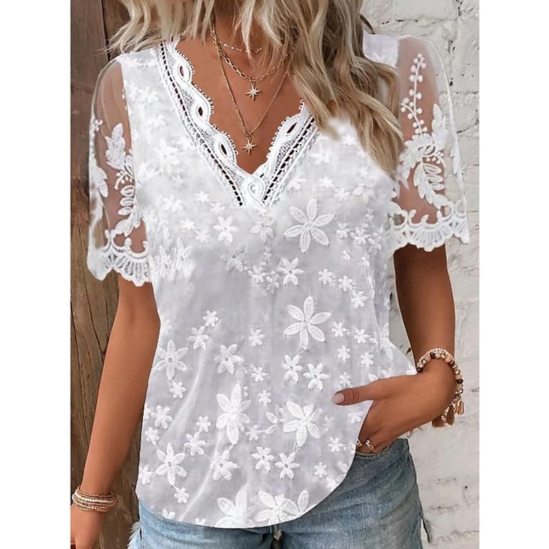 Women's White Elegant Lace Tops Eyelet Blouse Casual Solid Color Regular Tops Short Sleeve V Neck Lace Patchwork Regular Fit Daily White Romantic Petite Tops Summer Holiday Wear