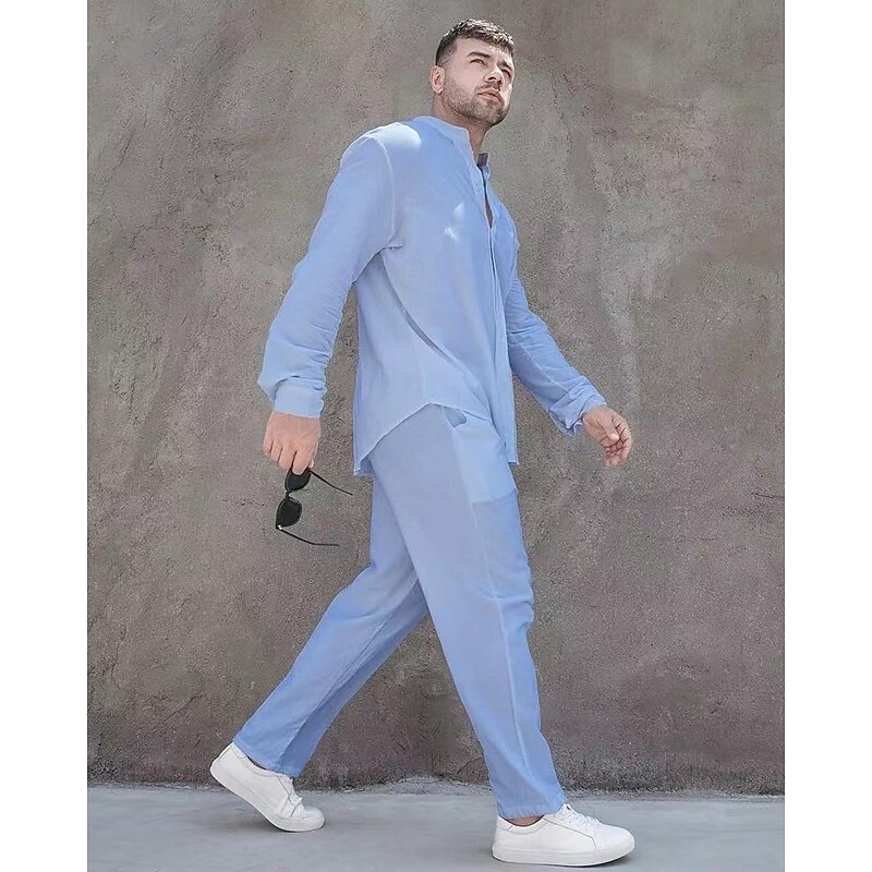 Men's Linen Shirt 2 Piece Shirt Set Summer Shirt Matching Sets Beach Shirt Plain Vacation Casual Black White Blue Khaki Long Sleeve Band Collar Spring & Summer Clothing Apparel3