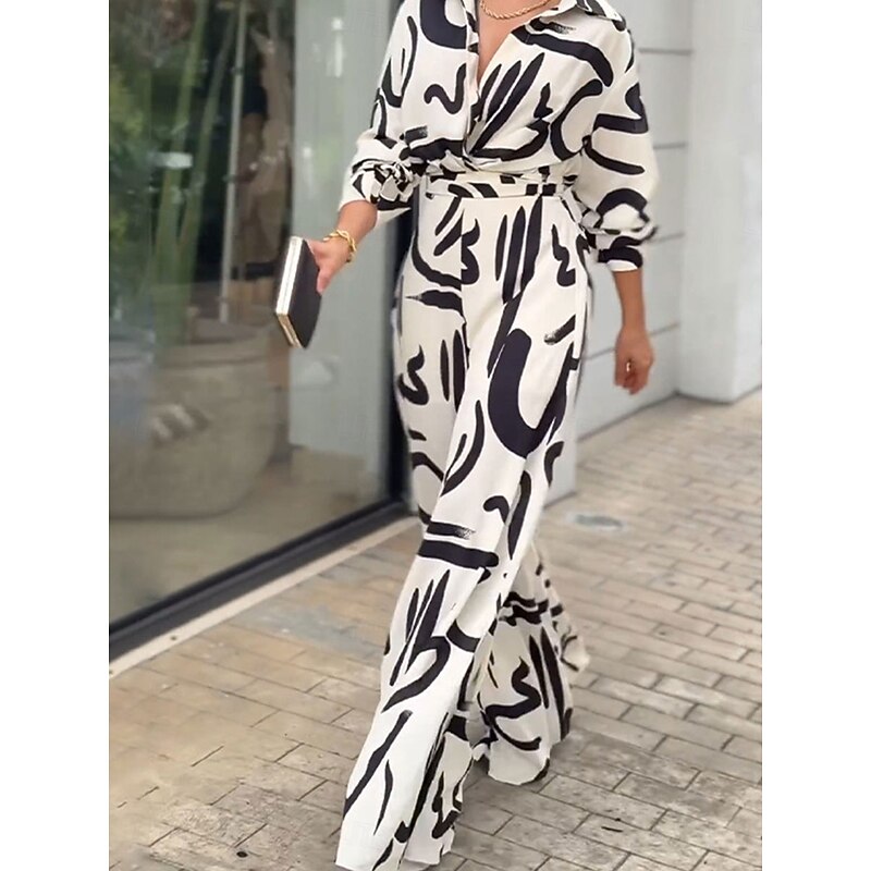 Women's Normal Jumpsuit Stylish Geometric Long Sleeve Shirt Collar Belted Vacation Party Loose Fit White Spring2