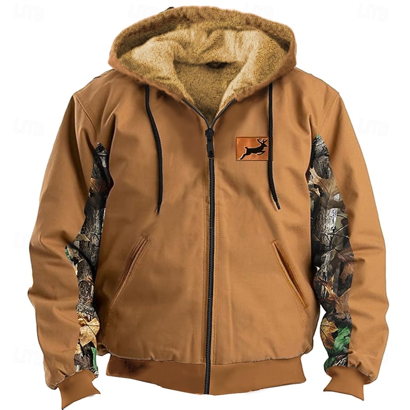 Men's Deer Fleece Hoodies Sweatshirt Fashion Ethnic Long Sleeve Hooded Hunting Brown Green Drawstring Fall Winter Designer