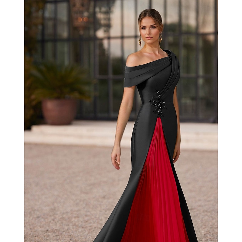 Mermaid / Trumpet Evening Gown Elegant Pleated Dress Formal Satin Wedding Floor Length Short Sleeve One Shoulder Slit Embroidery Appliques4