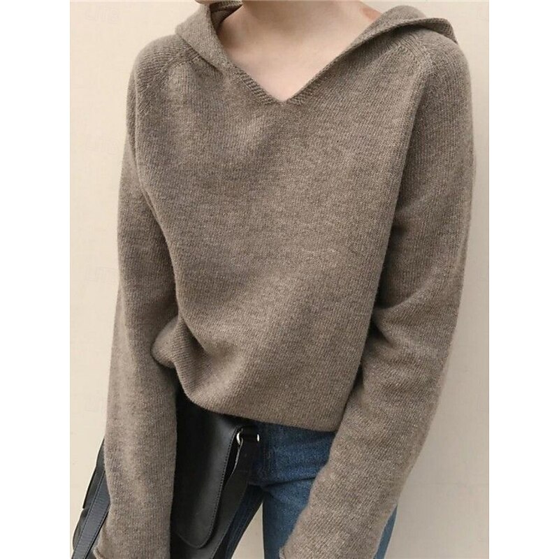 Women's Sweater Casual Soft Pure Color Ribbed Hooded Knitted Long Sleeve Regular Tops Knit Outdoor Daily Weekend White Yellow Fall Winter