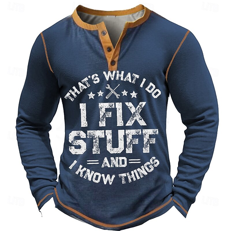 Men's Graphic Letter I FIX STUFF Henley Shirt Tee Long Sleeve Vintage Fashion Designer Outdoor Casual Daily Spring &  Fall Army Green Dark Gray Navy Blue Dark Blue Henley Henley T-Shirt4