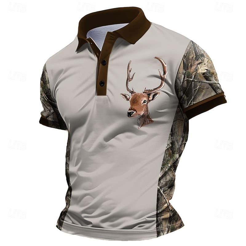 Men's Deer Polo Short Sleeve Polo Shirts Collared Shirts Casual School Outdoor Daily Wear Home Wear 3D Print Summer Spring Fall Black Brown Gray
