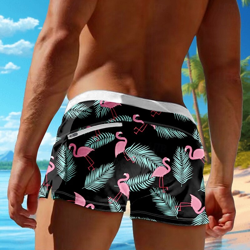 Men's Leaf Flamingo Tropical Swim Trunks Swim Shorts Board Shorts Mid Waist 3D Print Hawaiian Surfing Holiday Beach Drawstring with Mesh lining Elastic Waist Designer Clothing Apparel2