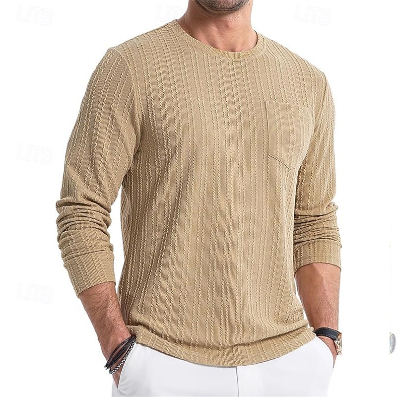 Men's T Shirt Tee Tee Top Long Sleeve Shirt Long Sleeve Crew Neck Spring &  Fall Plain Fashion Designer Basic Pocket Jacquard Vacation Street Going out Dark Brown Black White Top Tee for Men
