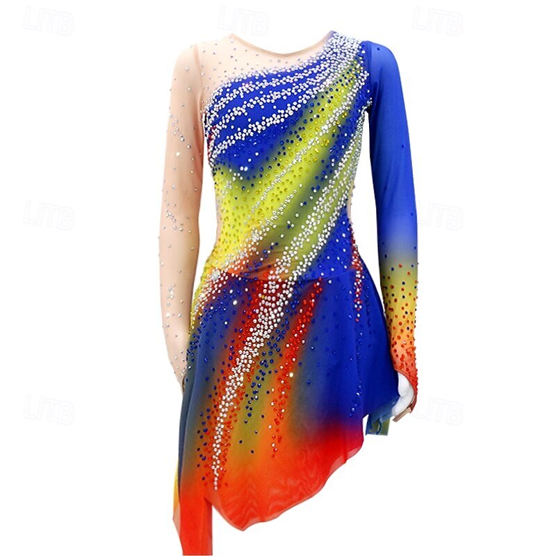 Figure Skating Dress Women's Girls' Ice Skating Dress Rainbow High Elasticity Training Competition Skating Wear Classic Crystal / Rhinestone Long Sleeve Ice Skating Figure Skating