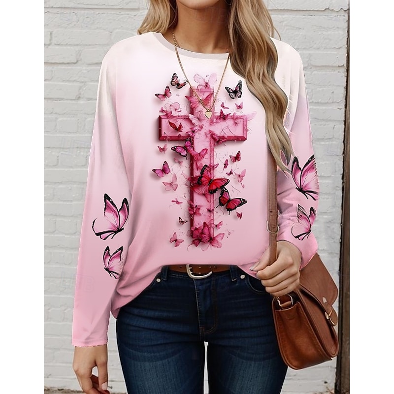 Valentine Women's T shirt Long Sleeve Crew Neck Long Sleeve Tunic Casual Ombre Butterfly Regular Tops Print Regular Fit Daily Pink Spring Fall Prefall