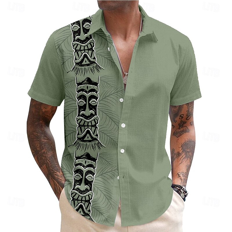 Men's Mask Bandana Print Tiki Casual Shirt Button Up Shirt Aloha Shirt Short Sleeve Tribal Holiday Summer Spring Turndown Button Up Blue Green Beige Gray2