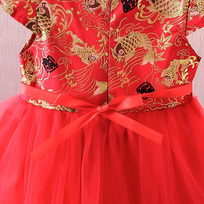 Kids Girls' Dress Chinese Cheongsam Dragon Flower Short Sleeve Performance Party Patchwork Embroidered Cute Adorable Polyester Knee-length Casual Dress Cheongsam Dress Summer Spring 4 years+4