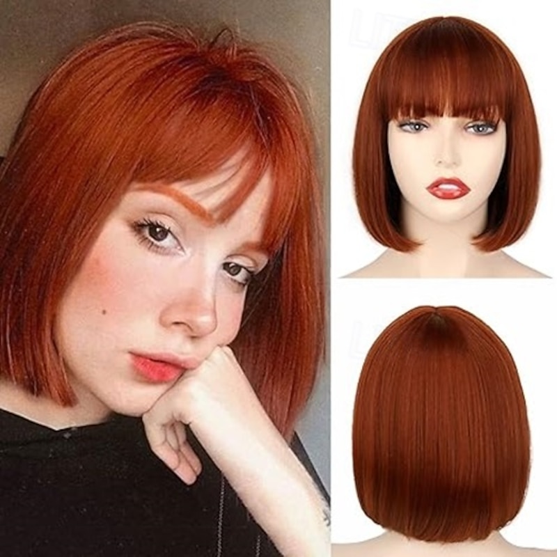Short Bob Wig with Bangs Straight Bob Wig for Women Bob Wig Heat Resistant Fiber for Cospaly