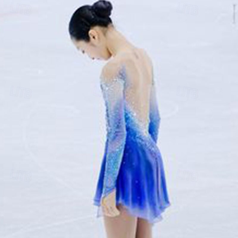 Figure Skating Dress Women's Girls' Ice Skating Dress Sky Blue Asymmetric Hem Mesh High Elasticity Training Competition Skating Wear Classic Crystal / Rhinestone Long Sleeve Ice Skating Figure Skating2