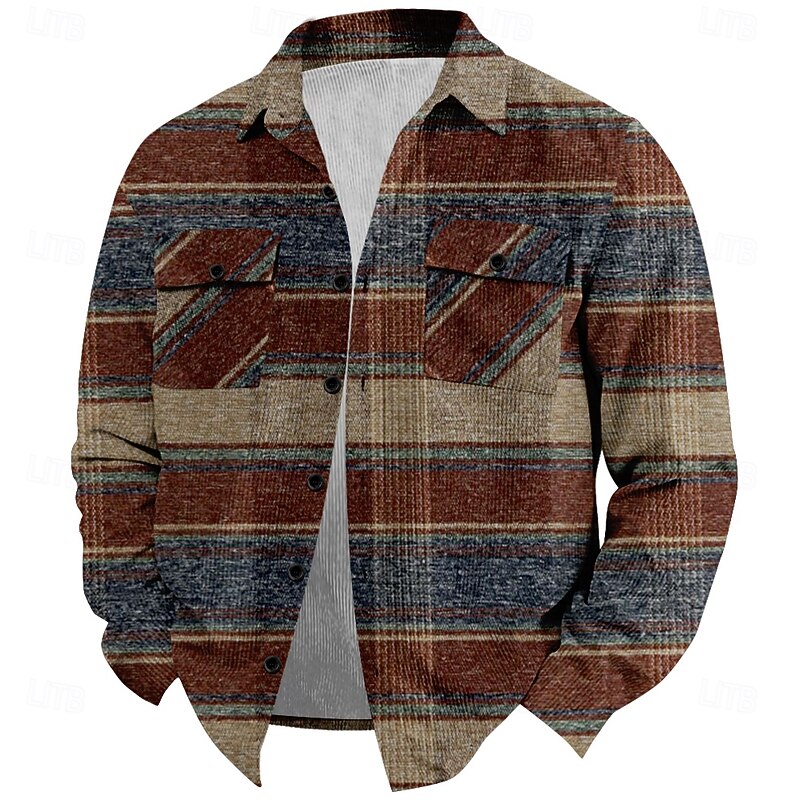 Men's Geometric Plaid / Check Shirt Jacket Overshirt Long Sleeve Casual Causal Casual Fall Winter Turndown Button Up Red