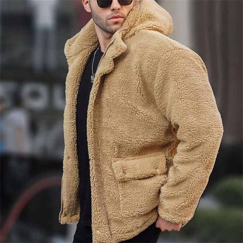Men's Puffer Jacket Fleece Jacket Teddy Coat Casual Jacket Vacation Daily Thermal Warm Pocket Fleece Fall & Winter Plain Fashion Streetwear Hooded Regular Apricot Black Khaki Jacket3