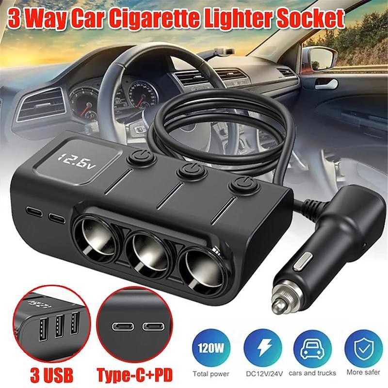 3 Way Car Cigarette Lighter Socket Splitter DC 12V/24V Power Charger Adapter with 3 USB Ports 1 Type-C Port 1 PD Fast Charge Port