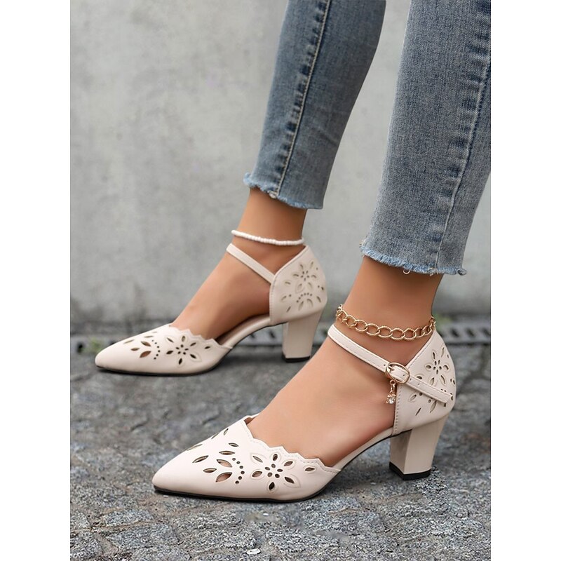 Women's Black Floral Cut-Out Chunky Heel Pumps with Ankle Strap - Elegant Dress Shoes for Work, Weddings and Parties4