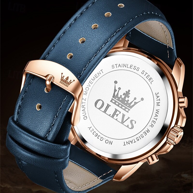 Olevs Men's Business Watch Glow-In-The-Dark Small Three-Pin Moon Phase Display Multi-Functional Quartz Watch Elbow Fashion Simple Casual Men's Waterproof Watch3