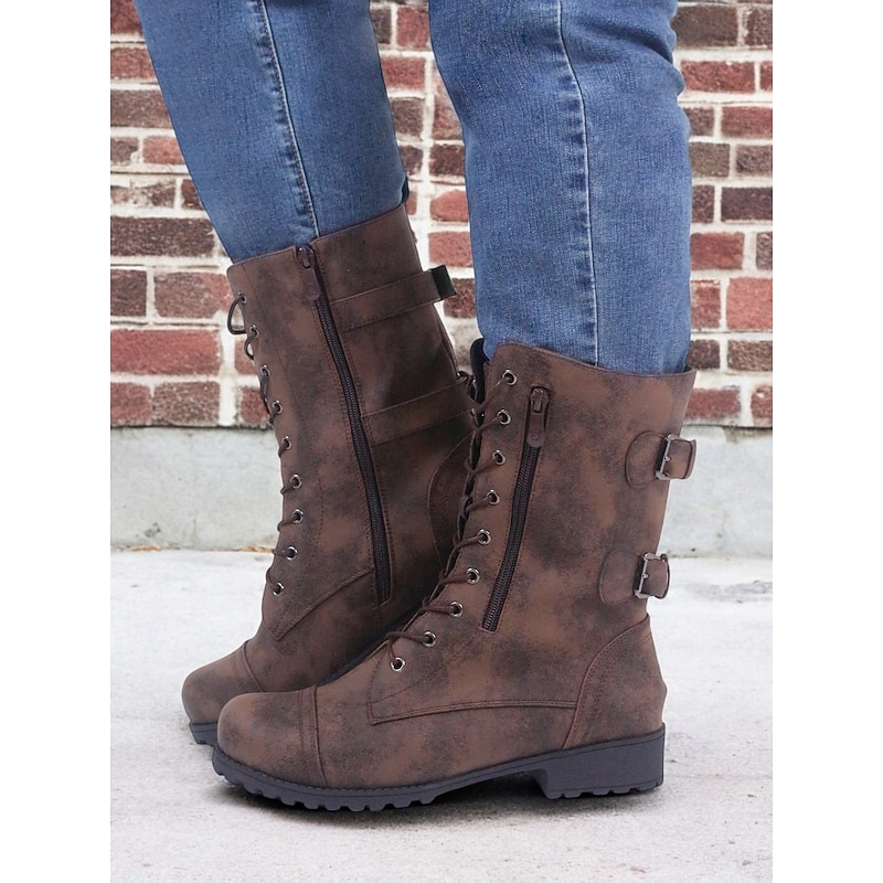 Versatile Brown Leather Lace-Up Boots with Military Flair for Women - Perfect for Fall and Winter Everyday Wear3