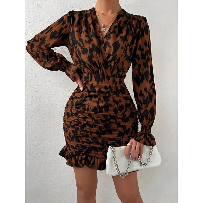 Women's Mini Dress Casual Dress Bodycon Stylish Casual Vacation Daily Regular Fit Floral Long Sleeve V Neck Brown Spring Fall2