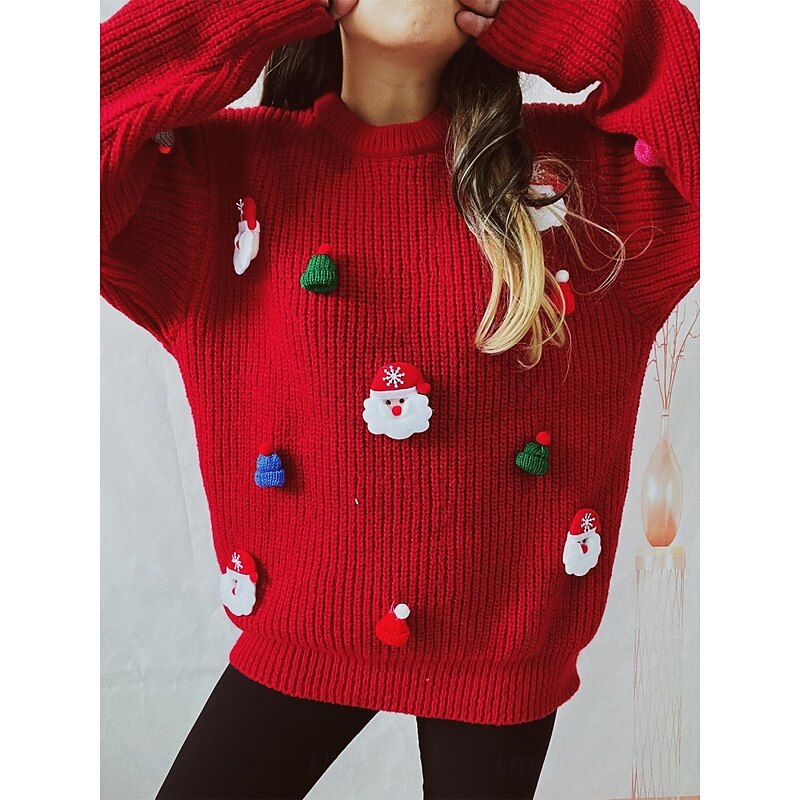 Women's Sweater Ugly Sweater Casual Soft Santa Claus Ribbed Crew Neck Knitted Long Sleeve Regular Tops Knit Outdoor Daily Weekend Black Red Fall Winter4