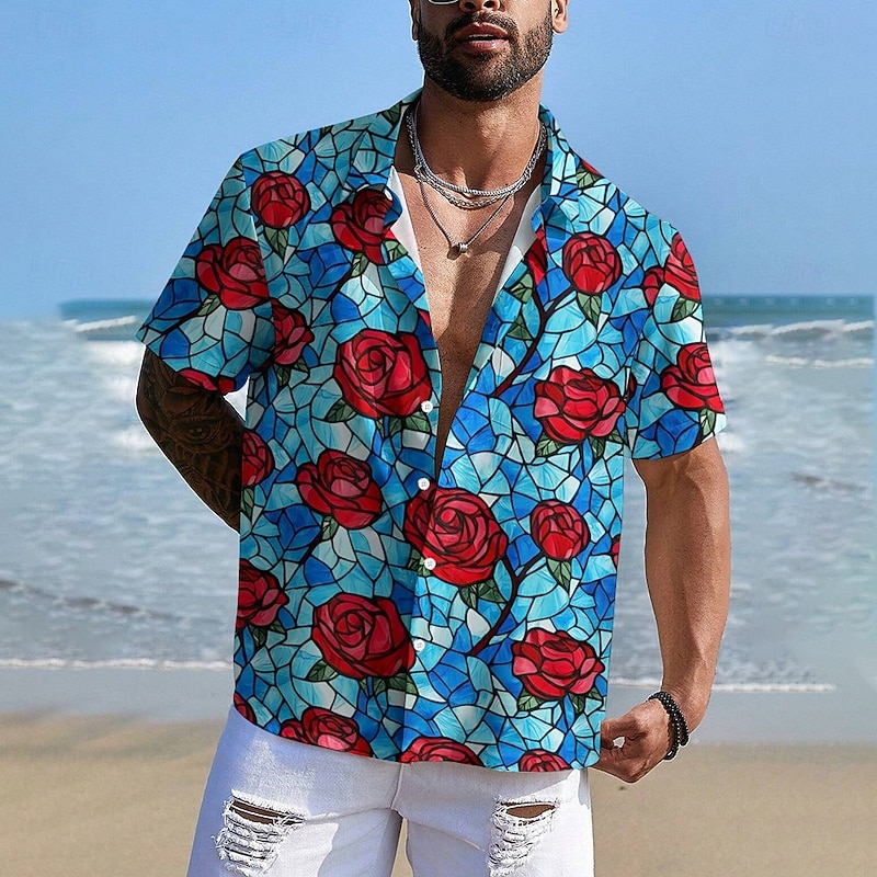 Valentine's Day Men's Rose Casual Shirt Button Up Shirt Short Sleeve Casual Party Daily Wear Summer Spring Turndown Button Up Blue2