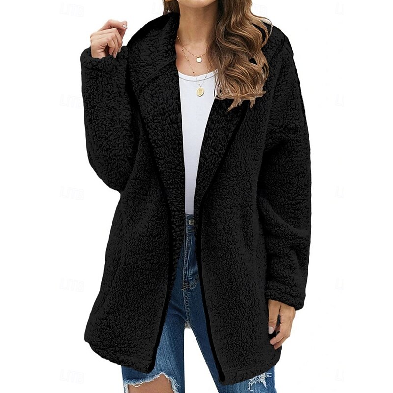 Women's Winter Coat Winter Jacket Fleece Jacket Outdoor Street Daily Fall Winter Regular Coat Regular Fit Warm Breathable Comtemporary Stylish Jacket Long Sleeve Solid Color Oversize Black Light Grey3
