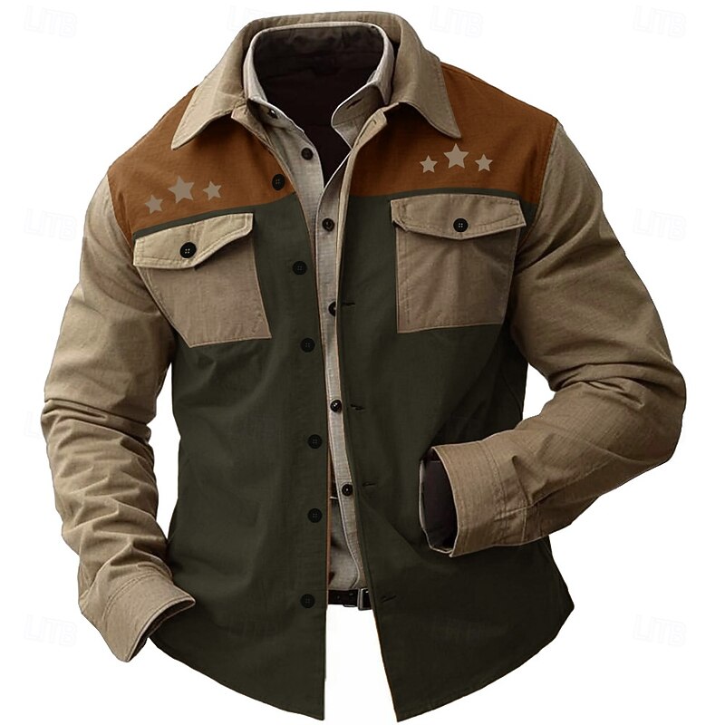 Men's Pentagram Casual Shirt Button Up Shirt Long Sleeve Fashion Casual Causal Casual Fall Winter Turndown 2 Pockets Brown Gray2