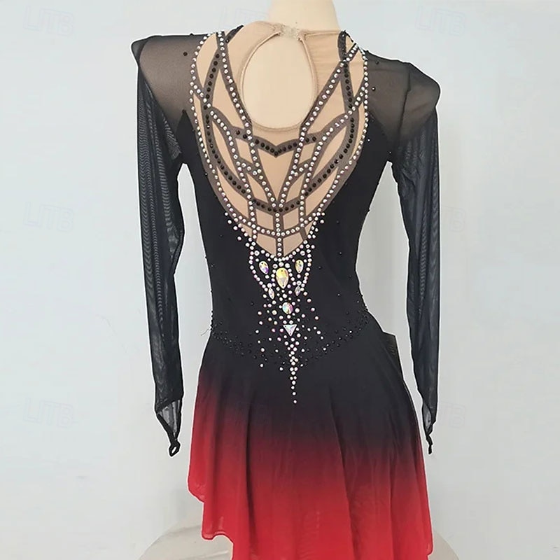 Figure Skating Dress Women's Girls' Ice Skating Dress Black Red White Patchwork High Elasticity Training Competition Skating Wear Classic Crystal / Rhinestone Long Sleeve Ice Skating Figure Skating2