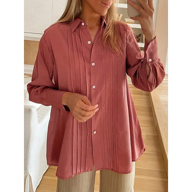 Women's Shirt Jacket Warm Breathable Buttons Pocket Casual Plain Vacation Street Daily Wear Going out Single Breasted Regular Turndown Regular Fit Long Sleeve Outerwear Red Fall Winter