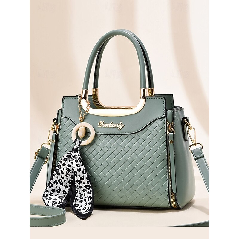 Women's Green Quilted Handbag with Gold Handle, Leopard Print Scarf Accent, and Crossbody Strap for Casual and Office Use