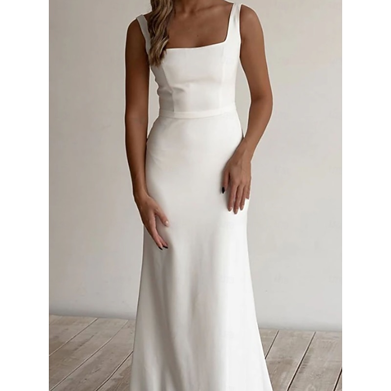 Beach Wedding Beach Casual Simple Wedding Dress Sheath Square Neck Sleeveless Floor Length Stretch Fabric Bridal Gowns With Sash / Ribbon3