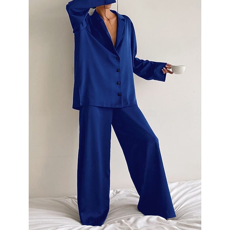 Women's Pajama Set Casual Comfort Pure Color Button Up Elastic Waist Shirt Pant Home Daily Long Sleeve Shirt Collar Black Blue Green Summer Spring Fal