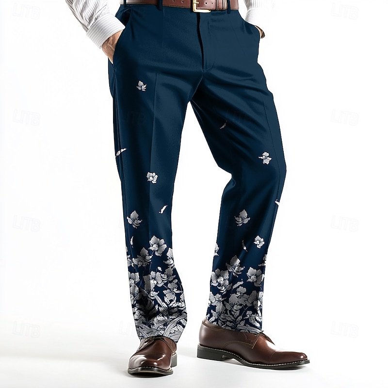 Men's Floral Print Trousers Dress Pants Mid Waist Business Casual Wedding Holiday Dads Day Gifts Flat-Front Straight Leg Trousers Summer Spring Fall 3D Print Black Wine Blue