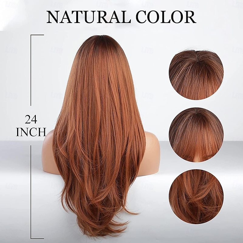 Long Wavy Ginger Wig with Bangs Red Brown Auburn Wigs for Women Heat Resistant Synthetic Fiber for Daily Party Use3