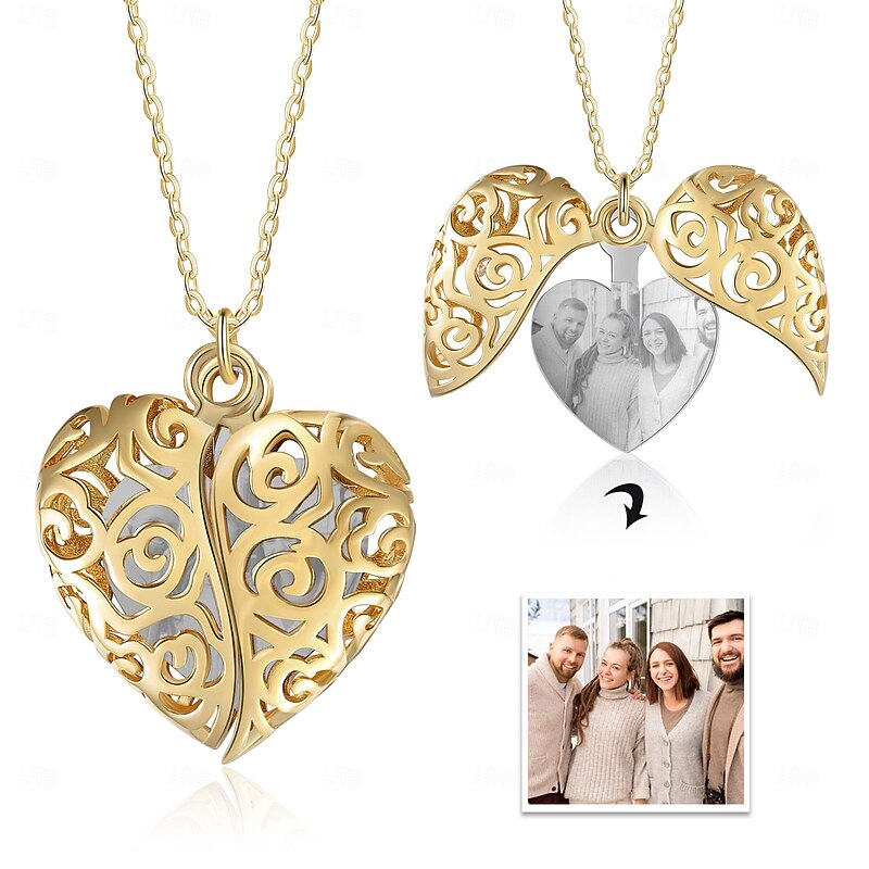 Personalized Engraved Necklace Custom Best Gift for Mom Wedding Gift for Wife or Girlfriend Heart Pendant with Custom Photo