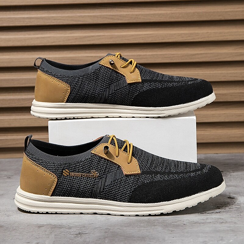 Men's Grey Knit Sport Shoes with Leather Accents and Lace-Up Design – Comfortable Casual & Outdoor Footwear 19