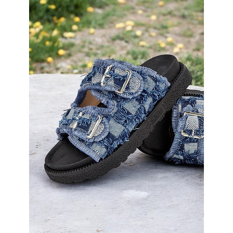 Women's Comfortable Blue Distressed Denim Double Buckle Slides with Thick Sole Perfect for Everyday Wear3